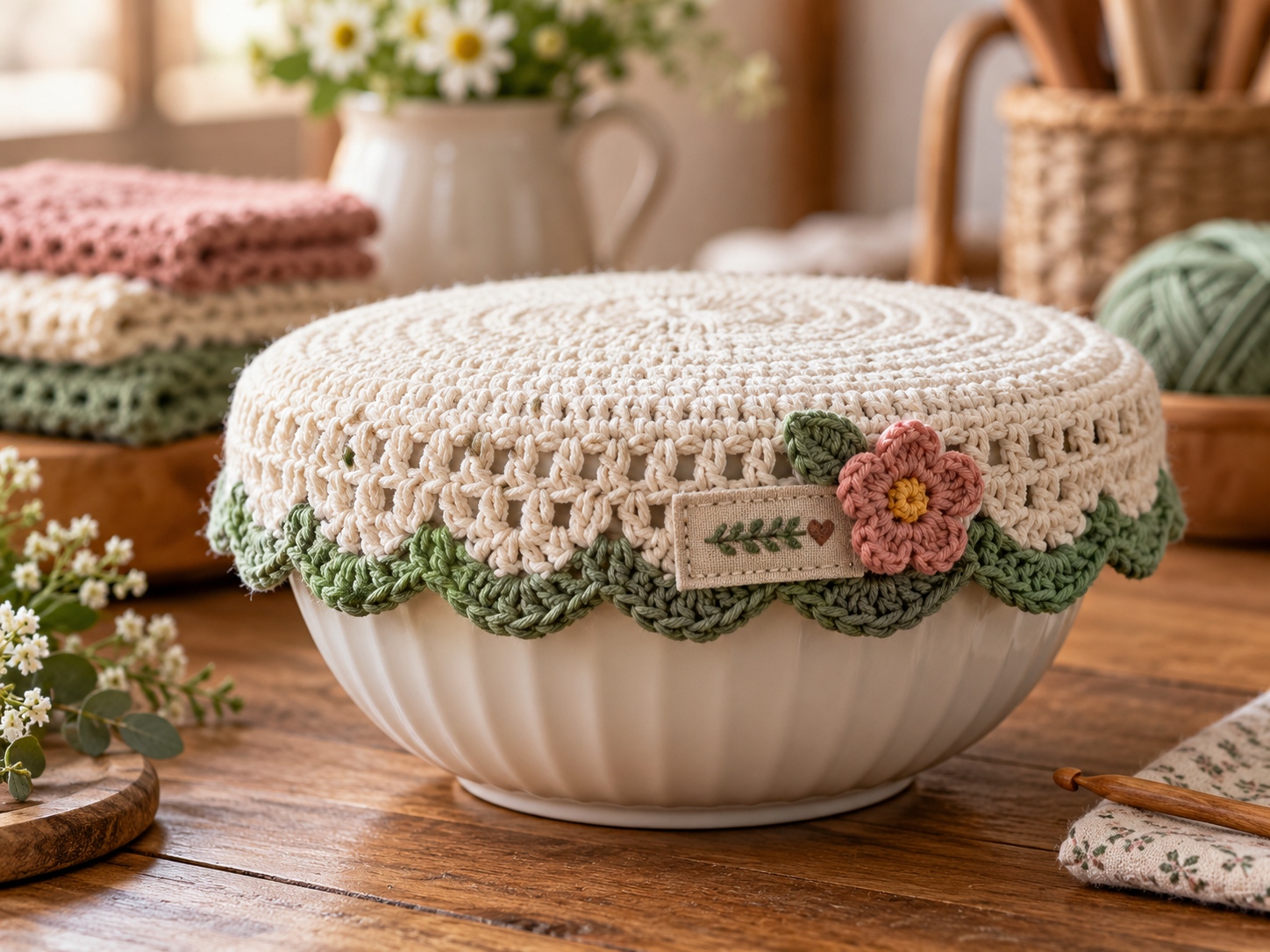 A beautifully finished crochet bowl cover with a decorative fabric label and a small crocheted flower embellishment, sitting on a wooden table with other handmade items in the background.