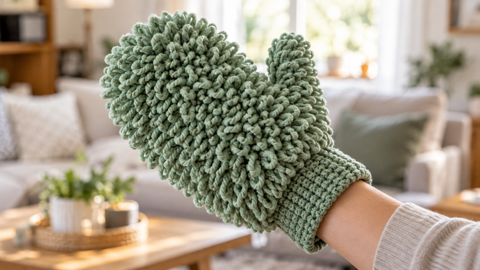 A close-up photograph of a finished crochet reusable dusting mitt, showcasing its textured surface and a hand inside, ready for cleaning. The background is a softly blurred image of a clean, well-lit living room.
