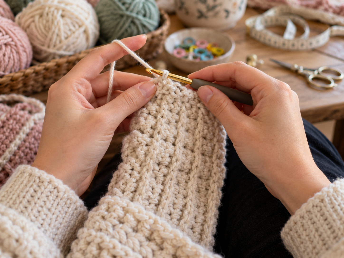 A close-up photograph of hands working on a beginner-friendly leg accessory project, showing simple fabric and a hook. The background is softly blurred with crafting supplies.