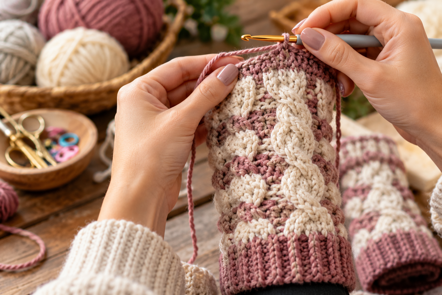 A close-up photograph of hands working on a leg accessory project, showcasing advanced techniques like cable work or intricate color patterns. The background is softly blurred with crafting tools.
