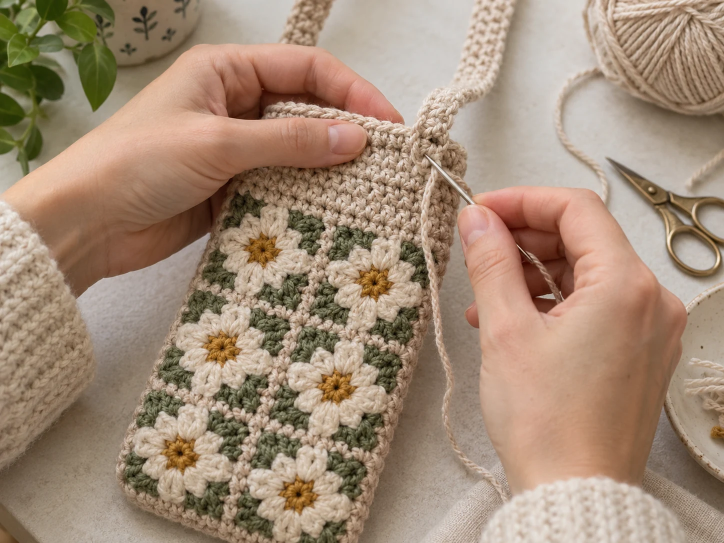 A close-up photograph showing hands attaching a crocheted strap to a finished phone bag, with loose ends being woven in with a tapestry needle.
