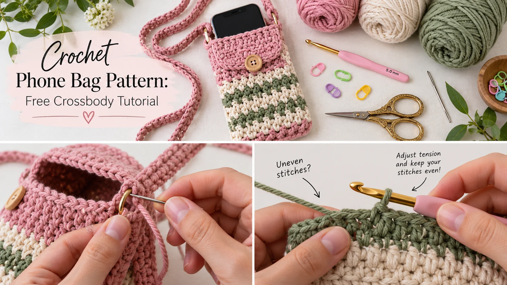 A close-up shot of hands troubleshooting a crochet project, focusing on uneven stitches and demonstrating how to correct tension with a working tool.