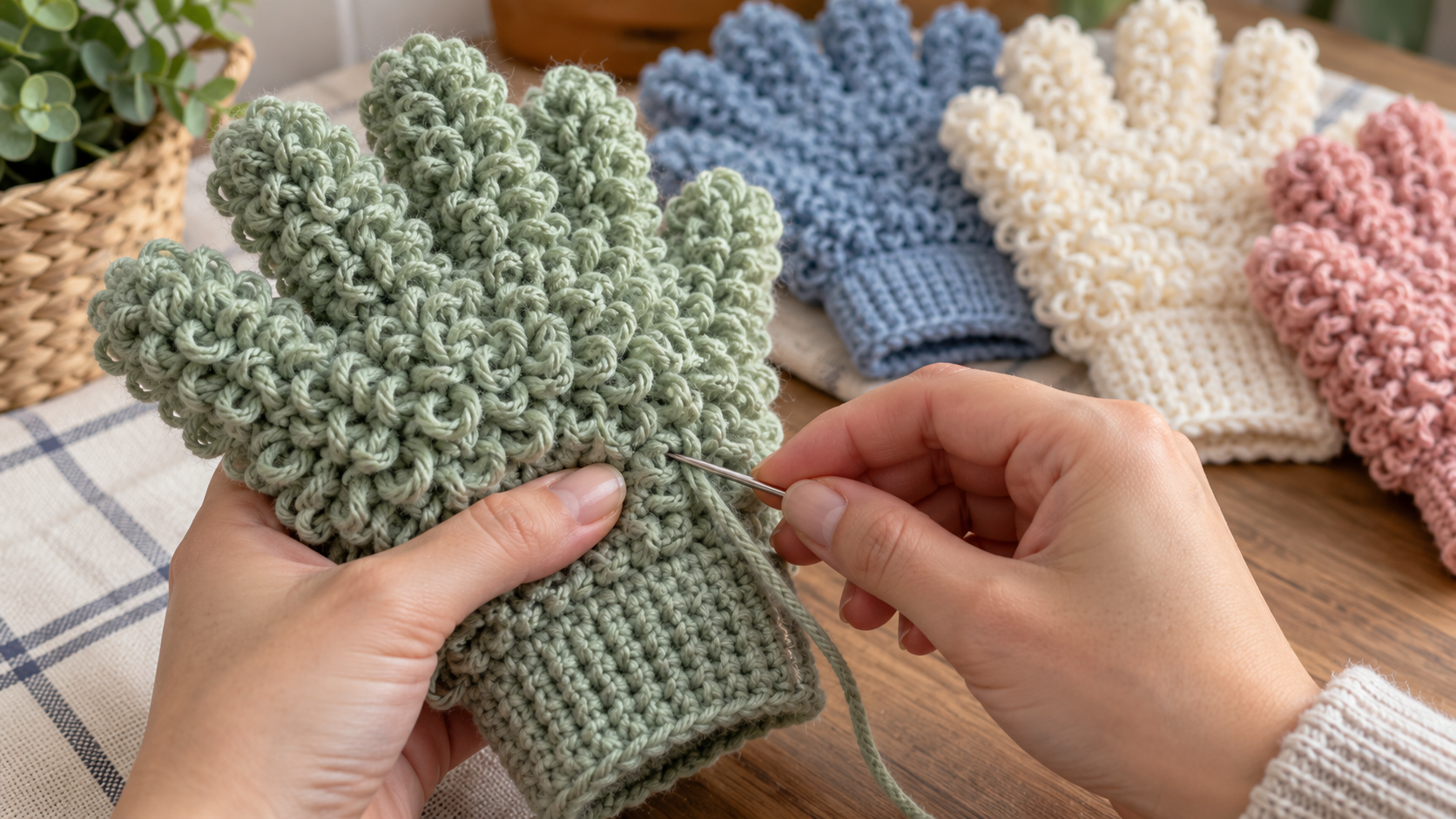 A close-up shot of hands using a tapestry needle to weave in a loose end on a finished crochet dusting glove, with other finished gloves in the background.
