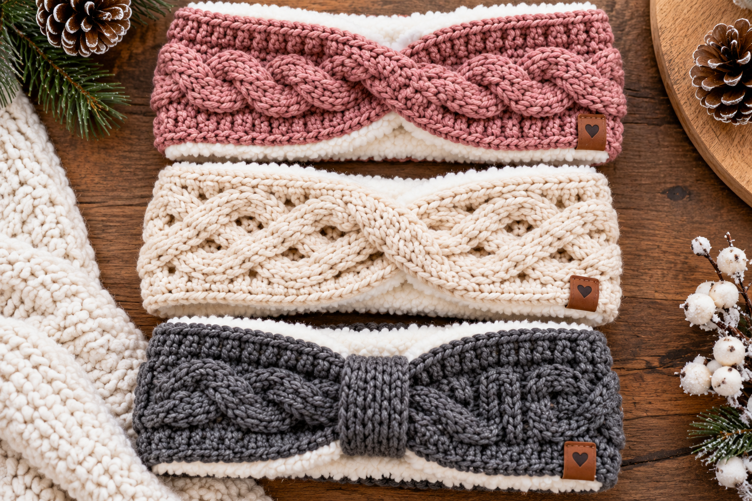 A flat lay photograph of three different crochet ear warmers, each showcasing a distinct raised pattern. One might have a classic interwoven design, another a more open, twisted pattern, and a third a combination of textures. The ear warmers should be displayed neatly, highlighting their craftsmanship.