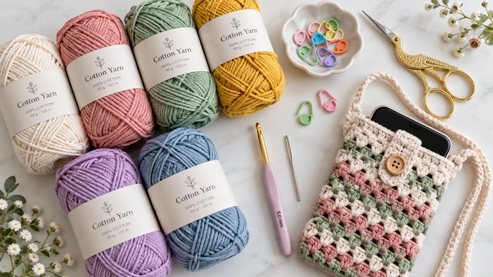 A flat lay photograph showing various crochet tools and materials for making a phone bag, including a crochet hook, colorful skeins of fiber, scissors, stitch markers, and a tapestry needle on a light-colored background.