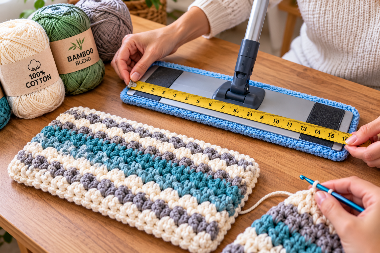 A person crocheting a mop cover, focusing on measuring the existing mop head with a tape measure to ensure a perfect fit for the crochet accessory.