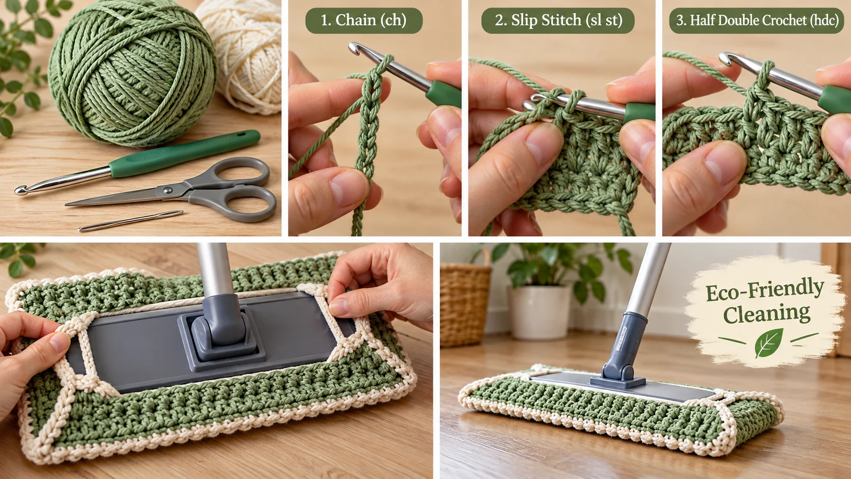 A person demonstrating how to attach a knitted fabric cover to a standard flat mop head, showing the loops securing to the device.