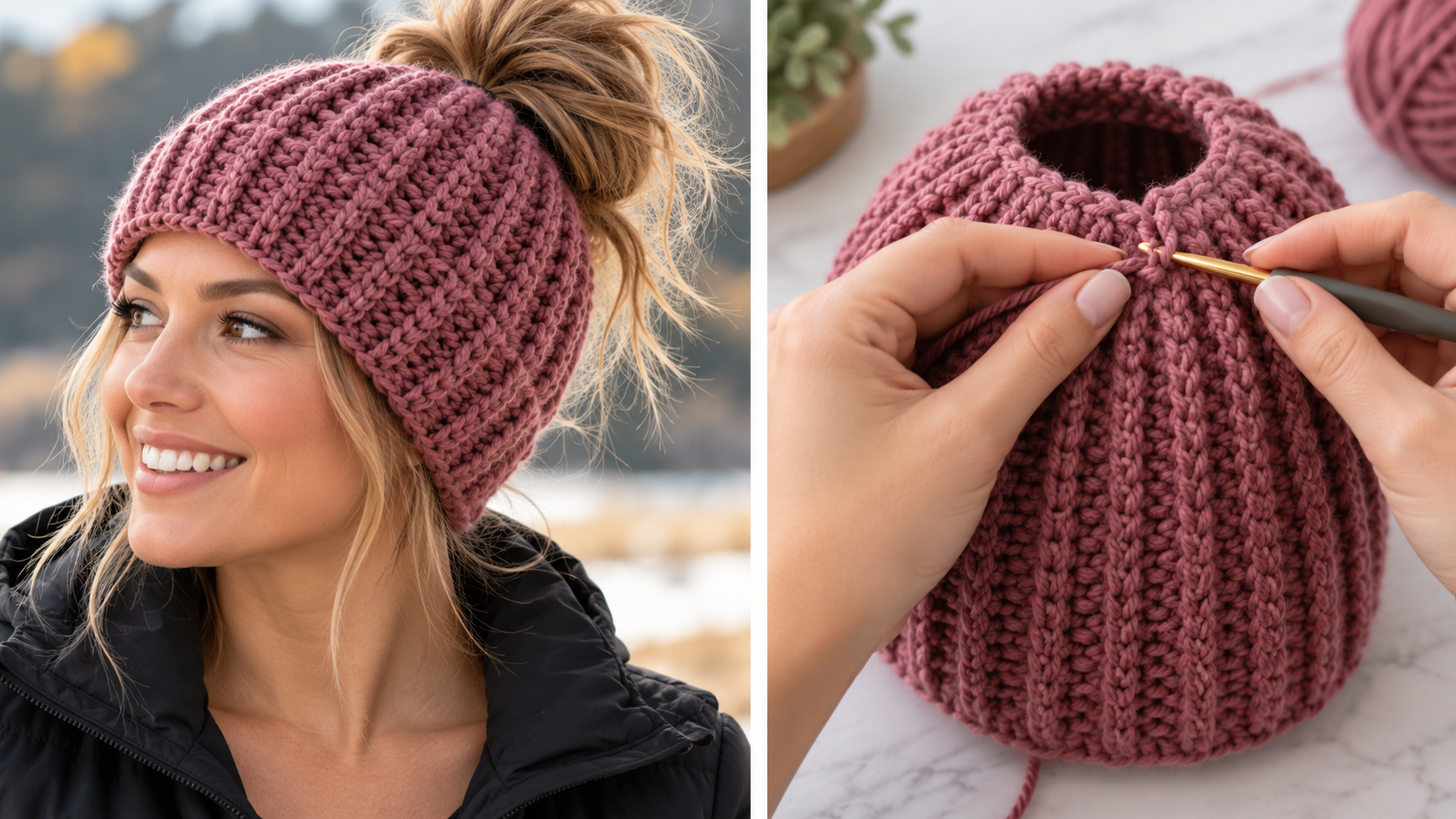 A person gently joining the ends of the crocheted fabric with a crafting tool, leaving a circular opening at the top for a ponytail. The fabric shows clear vertical lines.
