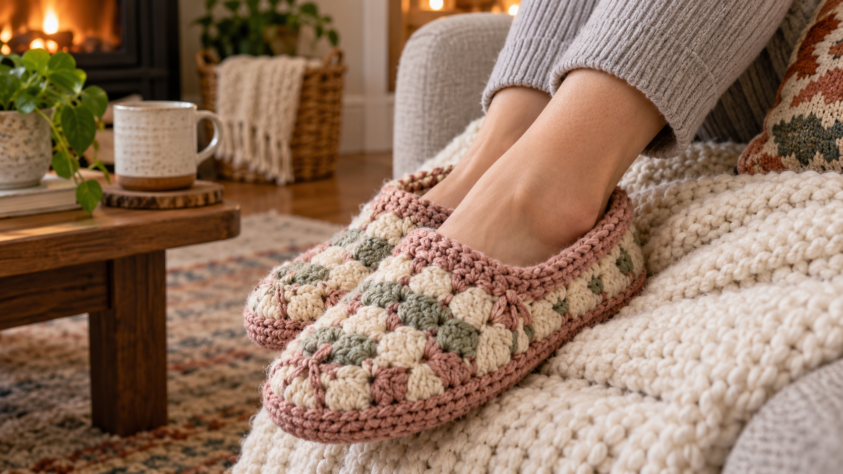 A person wearing handmade soft foot coverings, showing the detailed stitches and comfortable fit. The person is relaxing in a home setting.