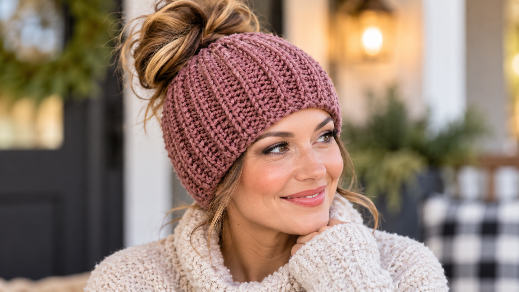 A woman wearing a solid colored crochet messy bun ponytail hat, with her hair pulled through the opening. The hat is a classic, single color, showcasing the vertical ridges of the crochet work. She is smiling and looking slightly to the side.