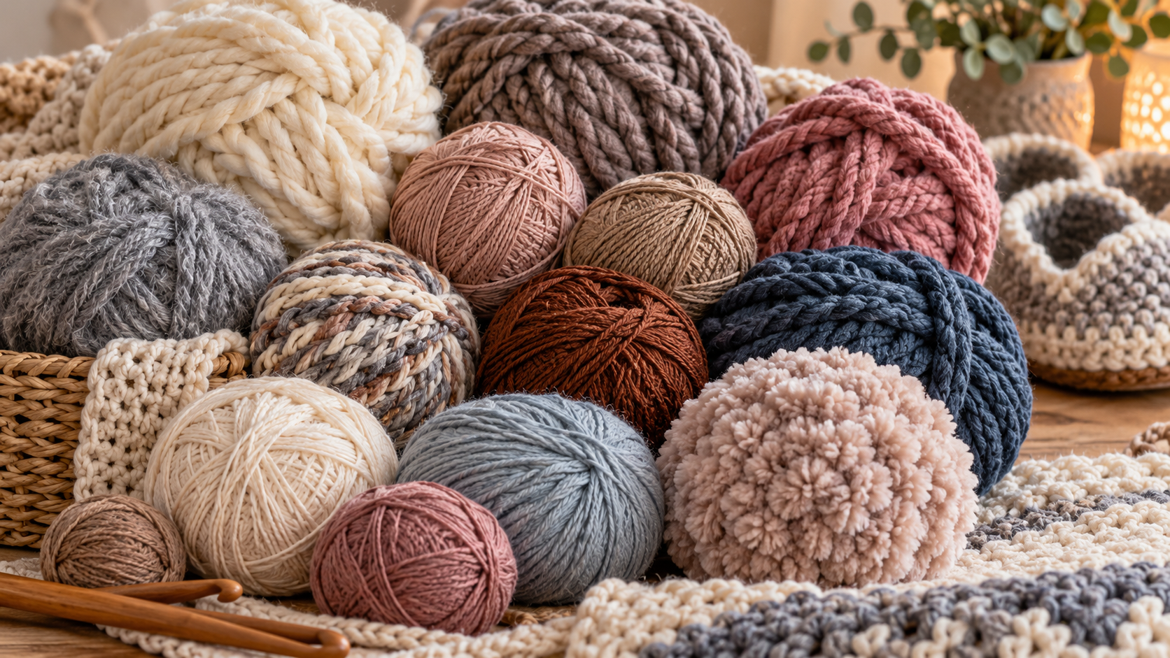 Close-up of different types of yarn skeins, showcasing various textures and colors suitable for durable and soft footwear projects.