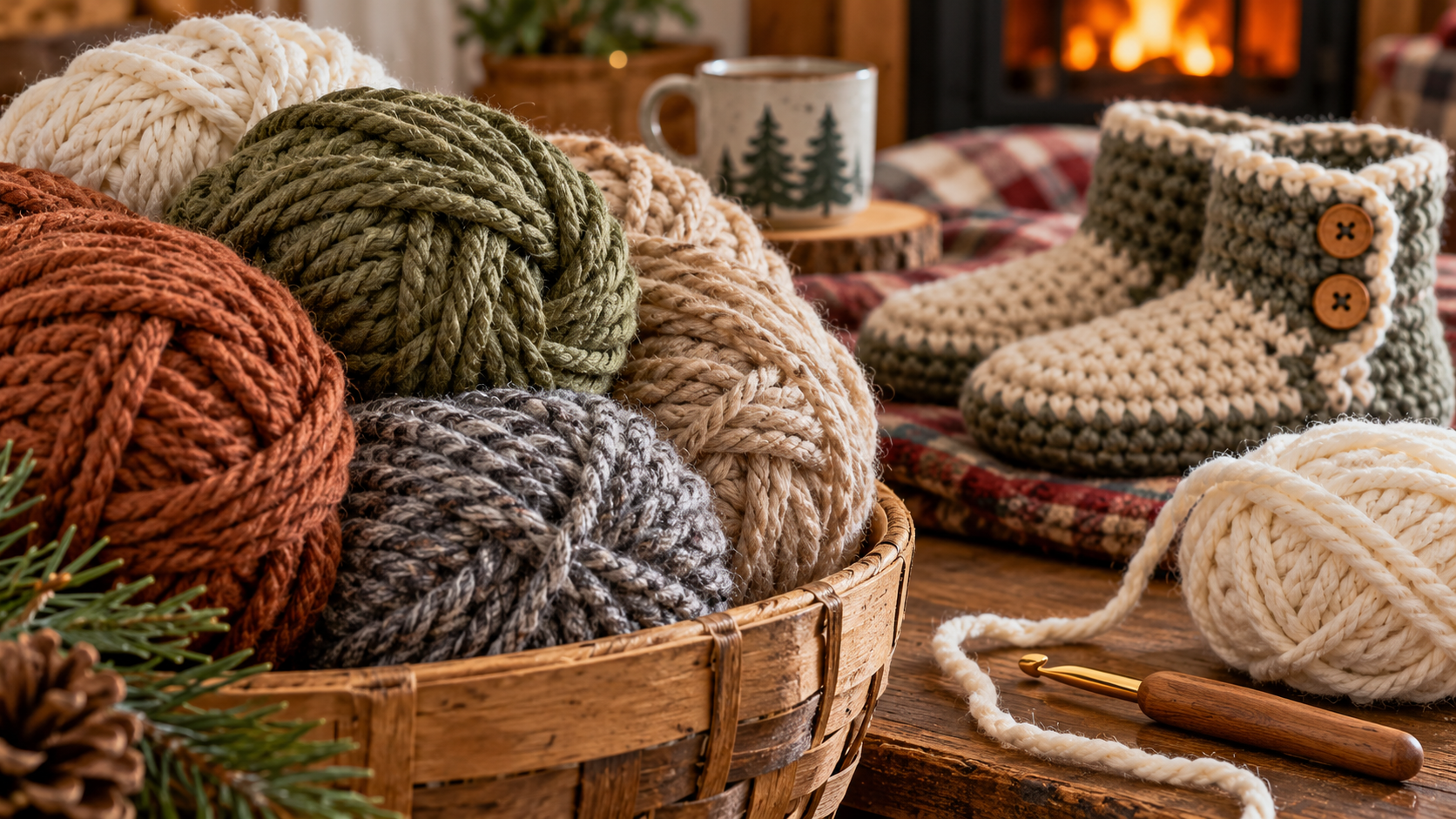 Close-up of various skeins of bulky weight yarn in earthy tones, suitable for crochet slipper booties, with a crochet project in the background.