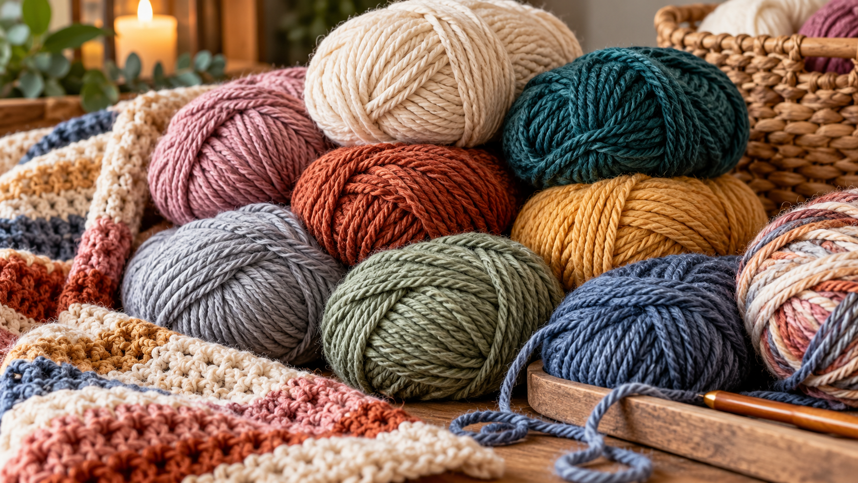Close-up of various skeins of worsted weight yarn in different colors, suitable for a cozy shawl project. Some yarn is neatly stacked, while others are slightly unraveled to show the fiber quality.