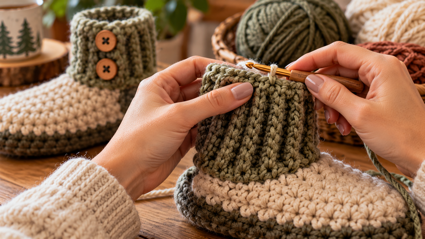 Close-up photograph of hands crocheting the high-top cuff of a slipper boot, showing the stitches clearly and the textured effect of the ribbing.