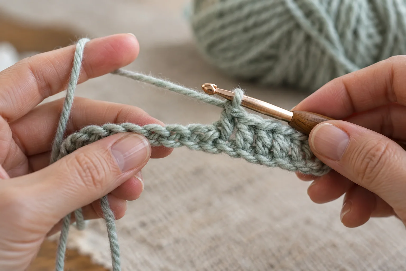 Close-up photograph of hands demonstrating basic crochet stitches: chain, slip stitch, and half double crochet, with a focus on the fiber and implement.