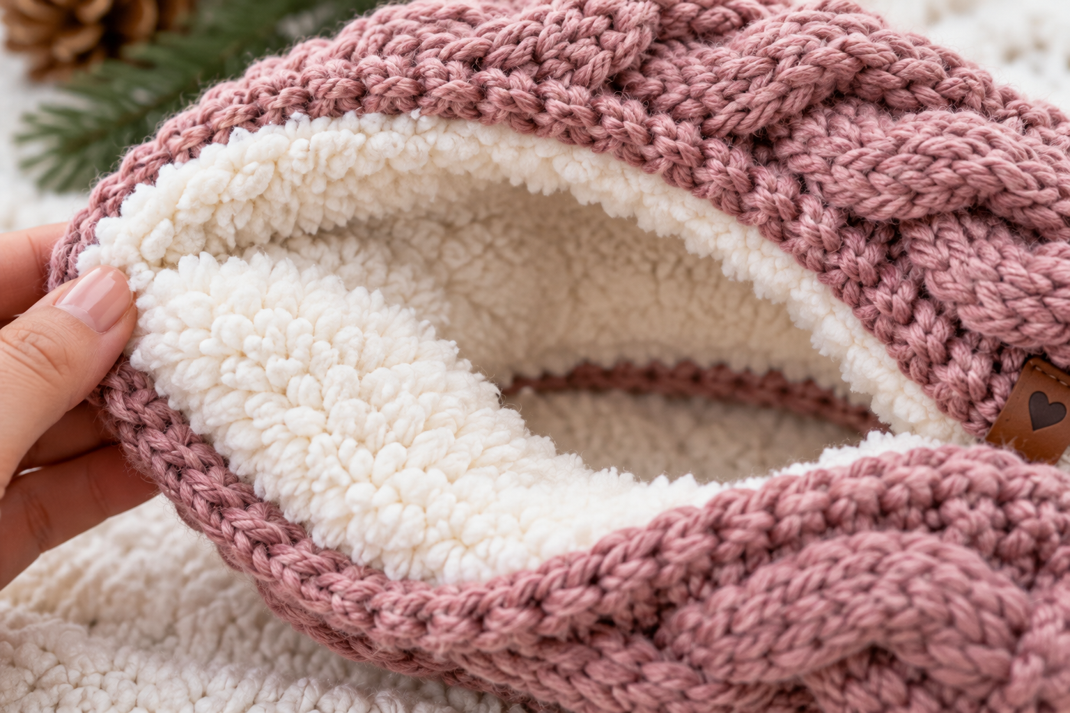 Close-up photograph of the inside of a crochet ear warmer, showing the soft, white or cream-colored Sherpa lining contrasted with the chunky knitted exterior. The texture of the Sherpa should be clearly visible, looking plush and warm.
