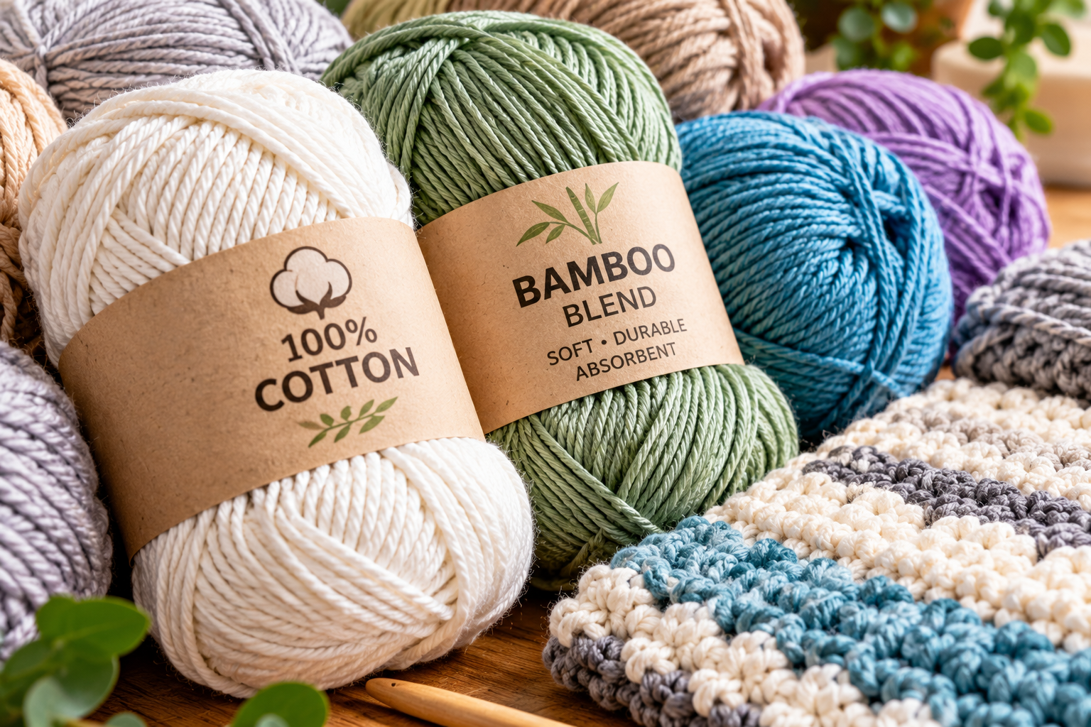 Close-up photograph of various yarn skeins, including cotton and bamboo, suitable for crafting a reusable mop accessory, with a focus on their texture and color.