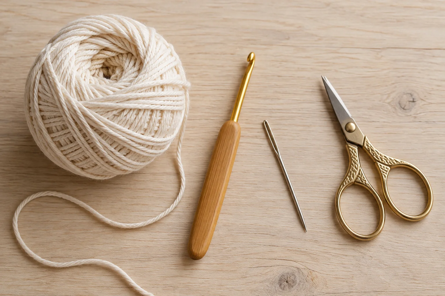 Flat lay photograph showing a ball of cotton yarn, a crochet hook, scissors, and a tapestry needle on a light-colored wooden surface.