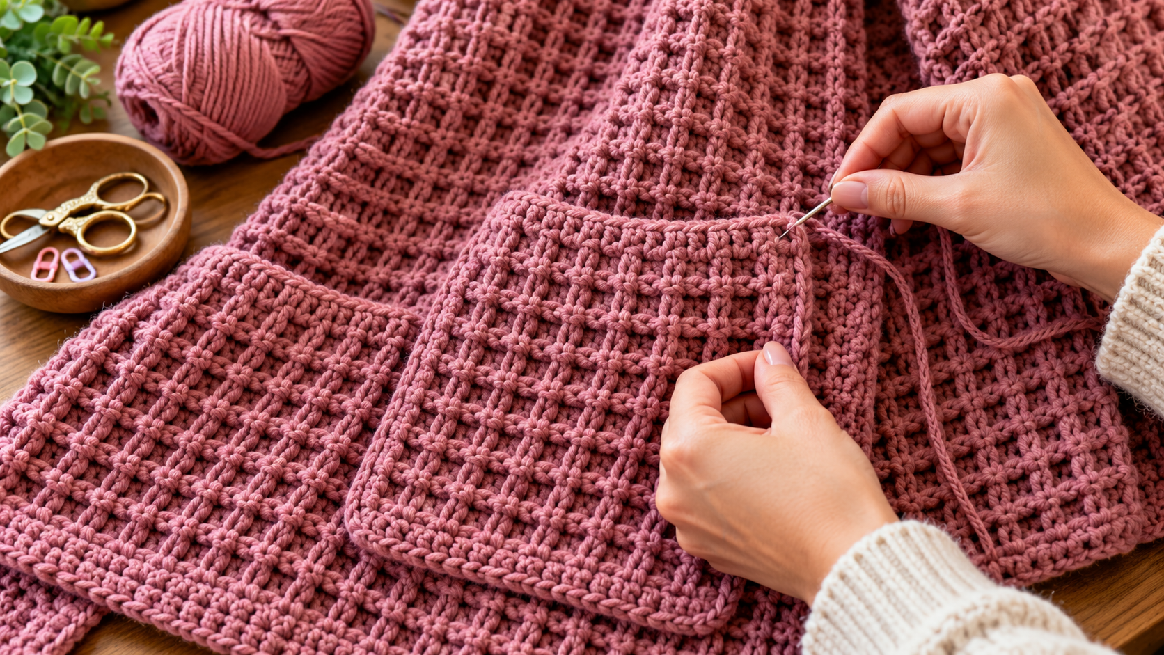 Hands attaching a crocheted pocket to a larger crocheted wrap with a yarn needle