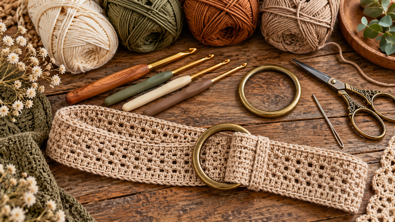Various crochet tools and materials neatly arranged on a wooden surface, including different sized crochet hooks, skeins of cotton yarn in earthy tones, a metal belt ring, scissors, and a tapestry needle.