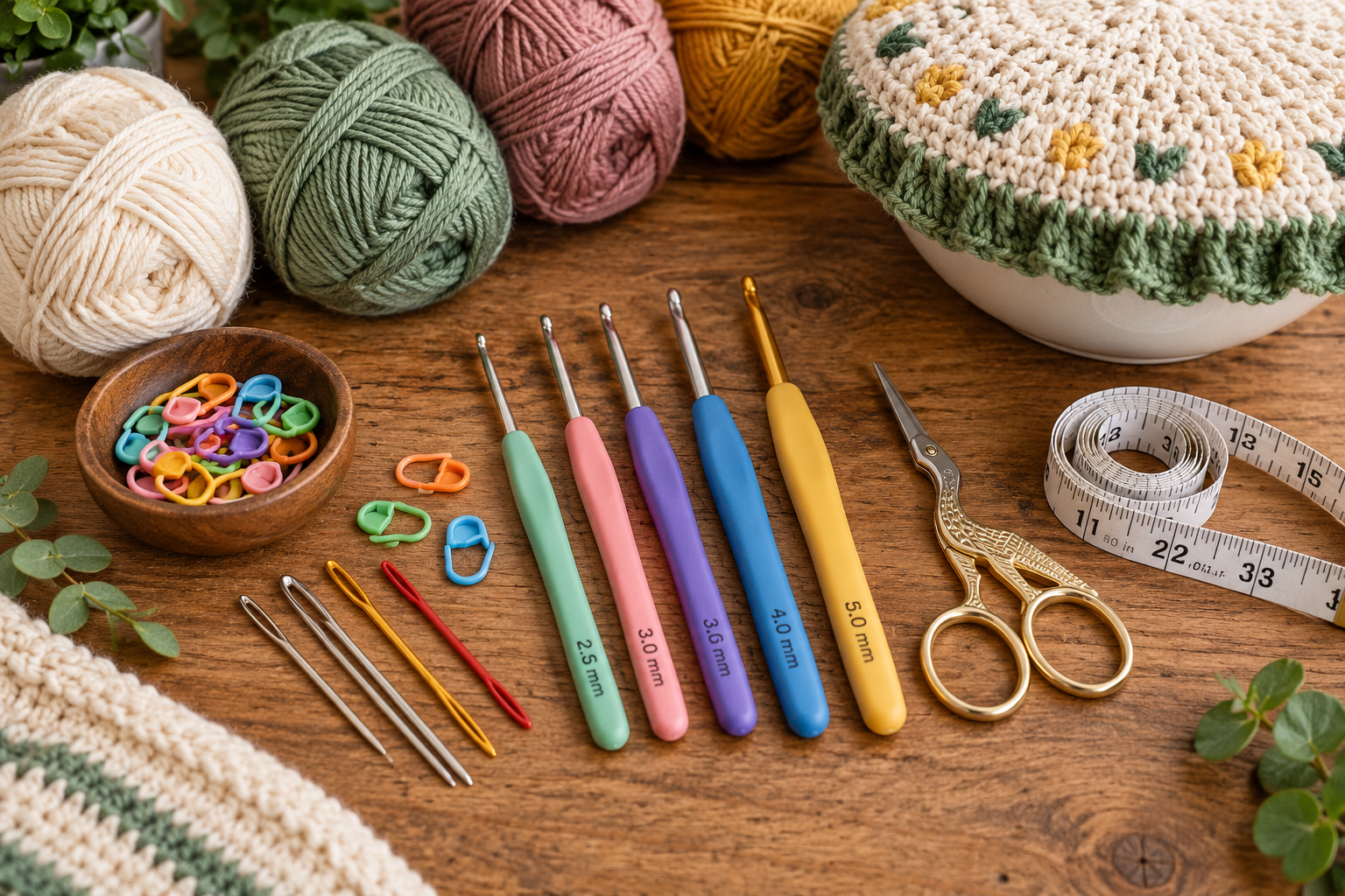 Various crochet tools laid out on a wooden surface, including different sized hooks, yarn needles, stitch markers, small scissors, and a measuring tape, ready for a crafting project.